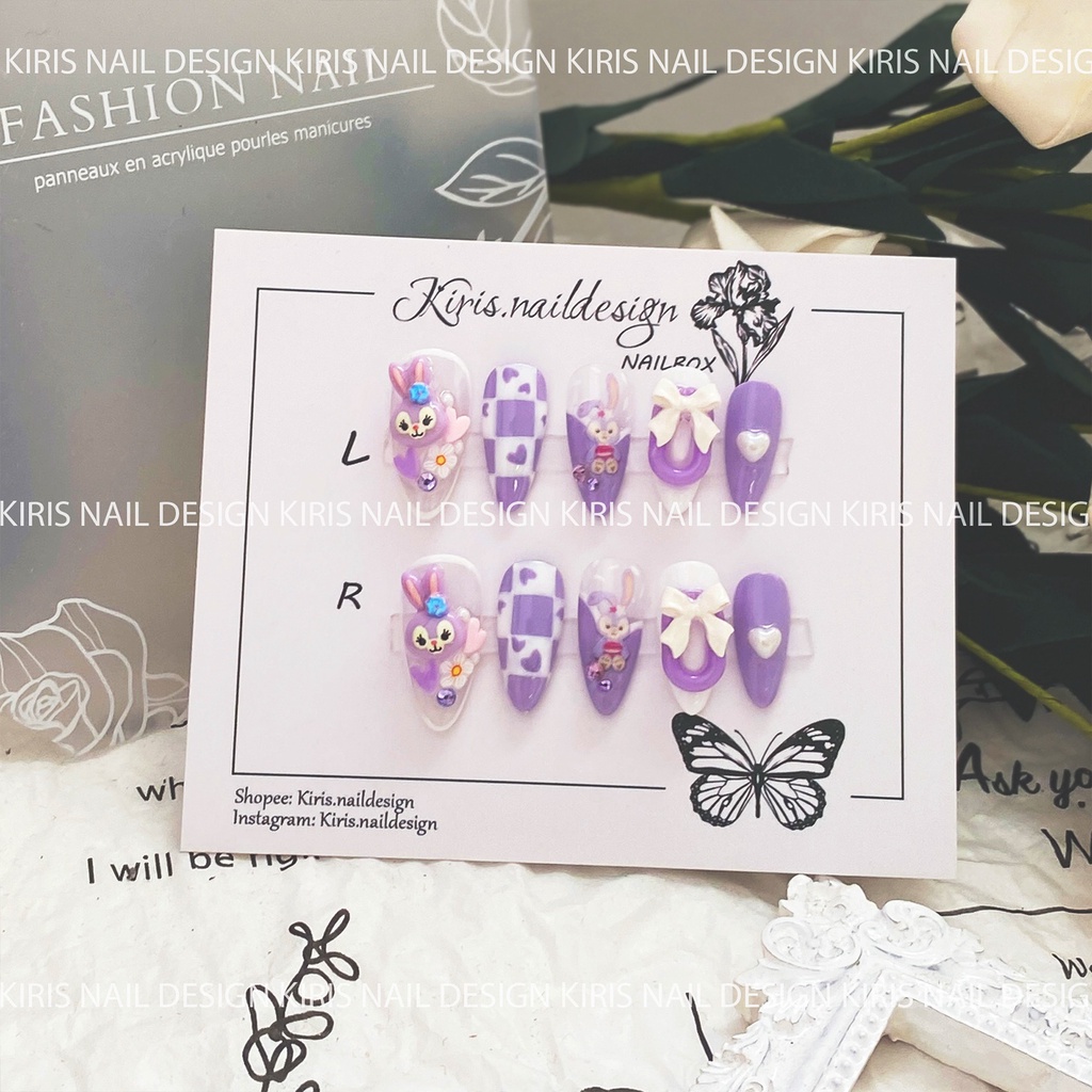 Nail box thiết kế- Set 10 móng giả đính charm thỏ tim dễ thương
