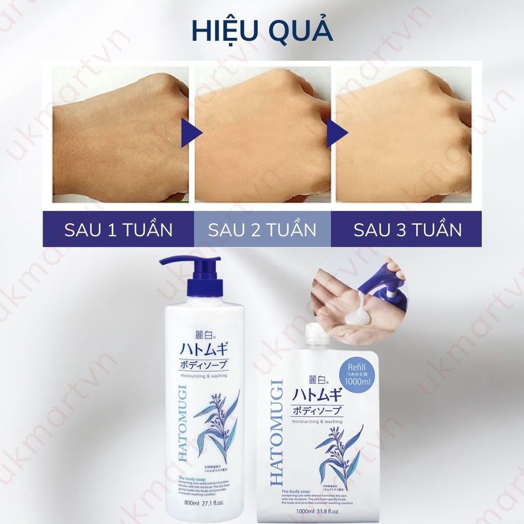 Sữa Tắm Sáng Da, Giảm mụn, Trẻ Hóa Da Reihaku Hatomugi Moisturizing &amp; Washing The Body Soap 800ml