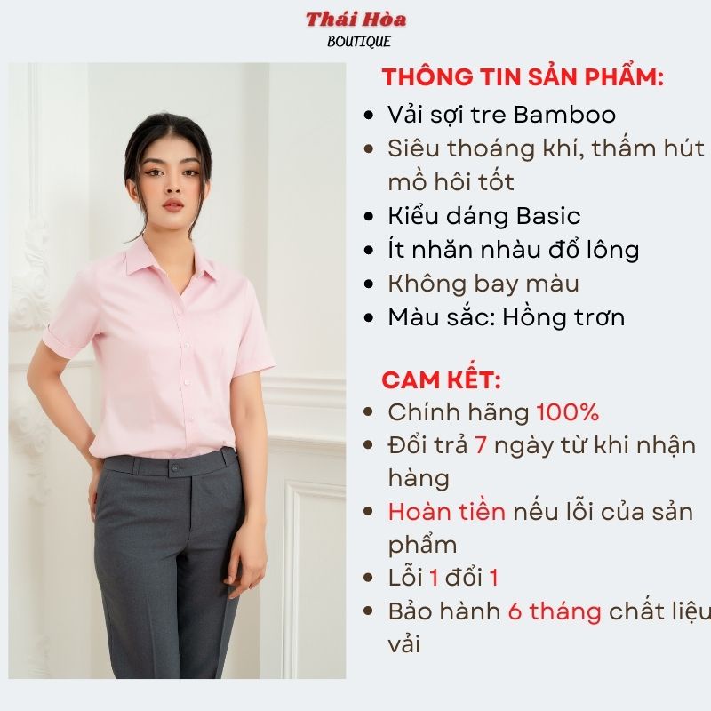 Áo sơ mi nữ cao cấp tay ngắn kiểu công sở màu hồng bigsize sợi tre Thái Hoà N8919-02-01