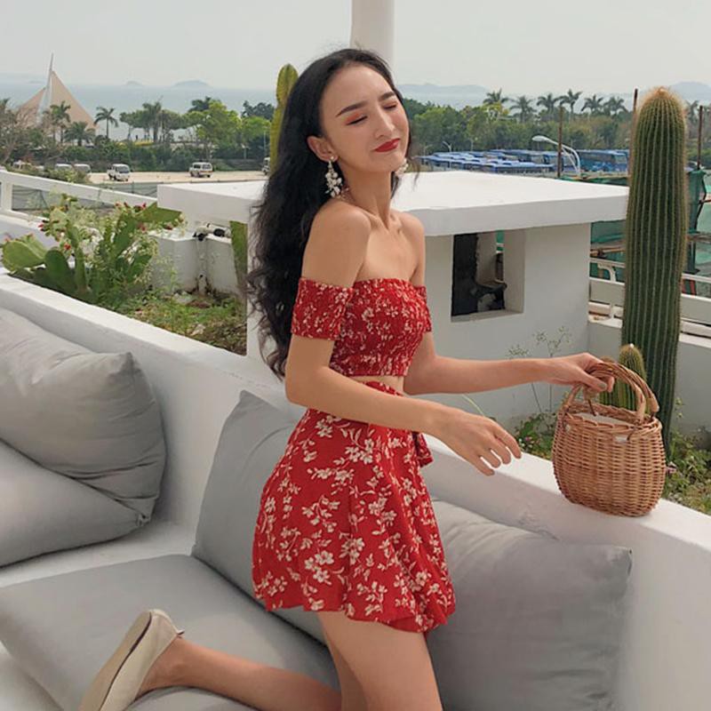 (ORDER) Set áo trễ vai+chân váy họa tiết hoa nhí style retro đi biển