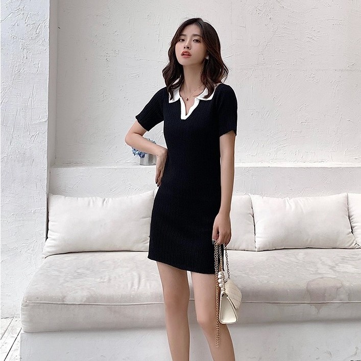 Đầm polo thun dệt dáng ôm cổ trắng - D738 | BigBuy360 - bigbuy360.vn