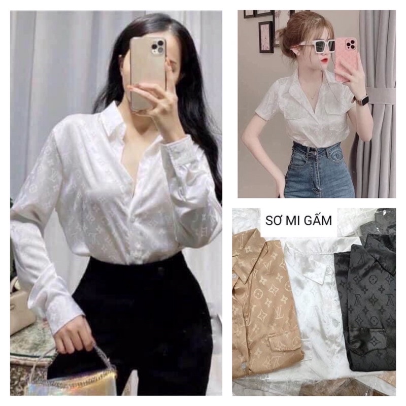 Áo sơ mi gấm nắp túi 2 bên xinh xắn cộc tay- dài tay