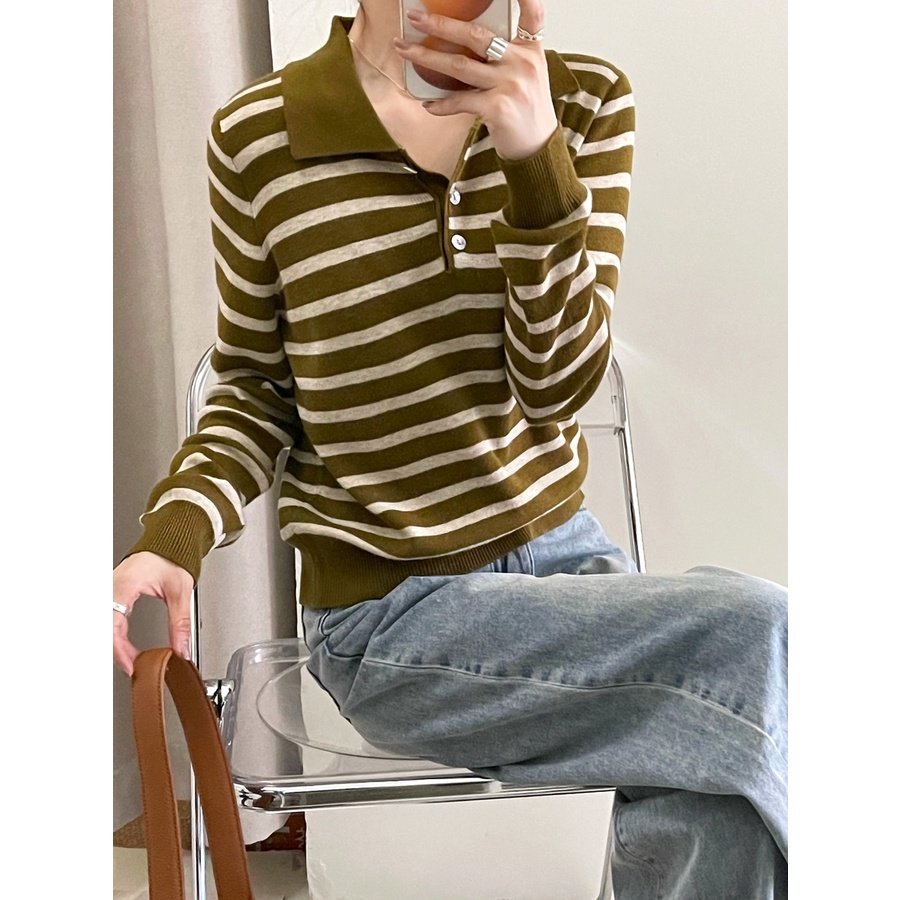 【ZHELIHANGFEI】Áo Len POLO Tay Dài Form Rộng Họa Tiết Sọc Dễ Phối Đồ