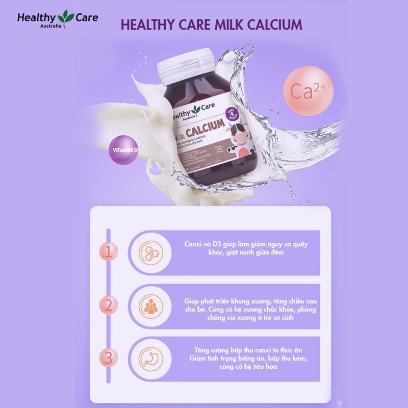 Viên bổ sung canxi cho bé Healthy Care Milk Calcium 60 viên