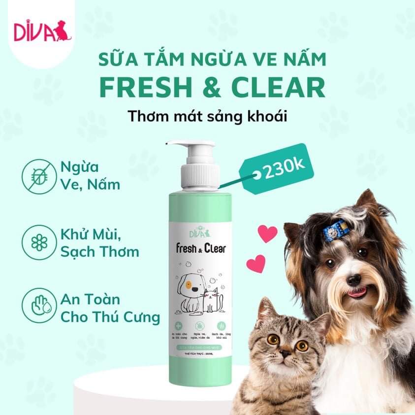 Sữa tắm DIVA fresh &amp;clear ngừa ve nấm 250ml cho chó mèo