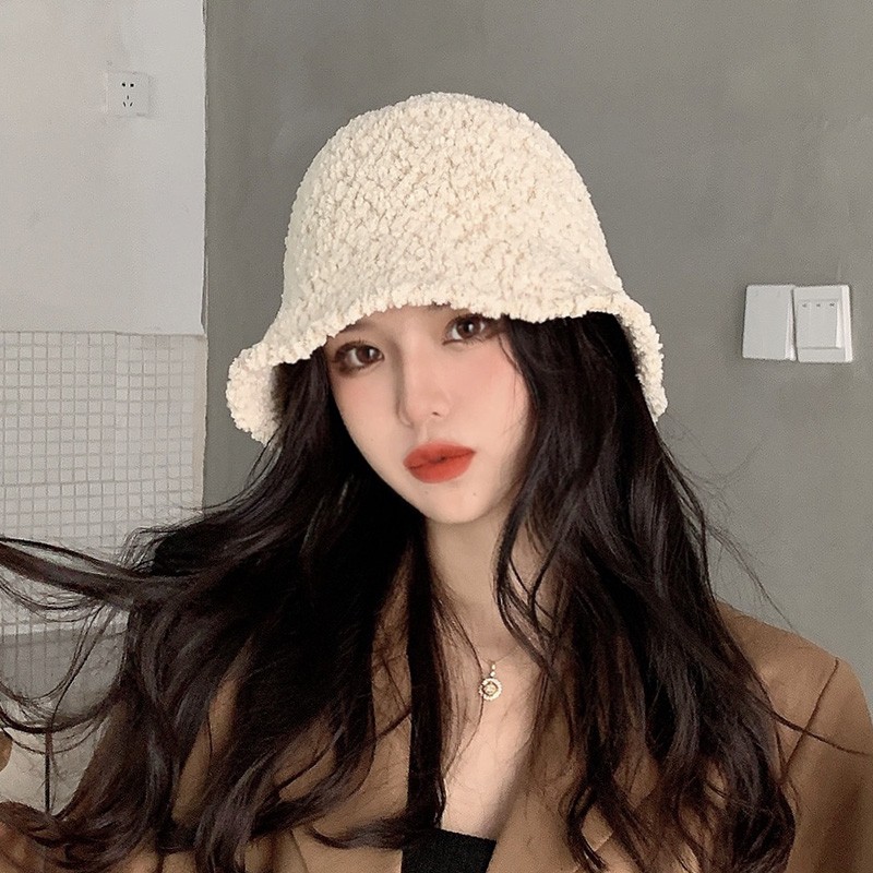 Len Cừu Màu Nguyên Chất Mũ Bucket Phong Cách Hàn Quốc Vào Thu đông Cho Nữ