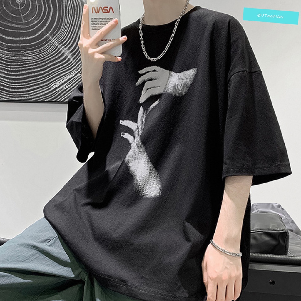 Áo thun Unisex tay lỡ form rộng in 2 bàn tay, áo phông Unisex cá tính vải cotton cao cấp 2 màu Trắng Đen JTeeMan - JT26