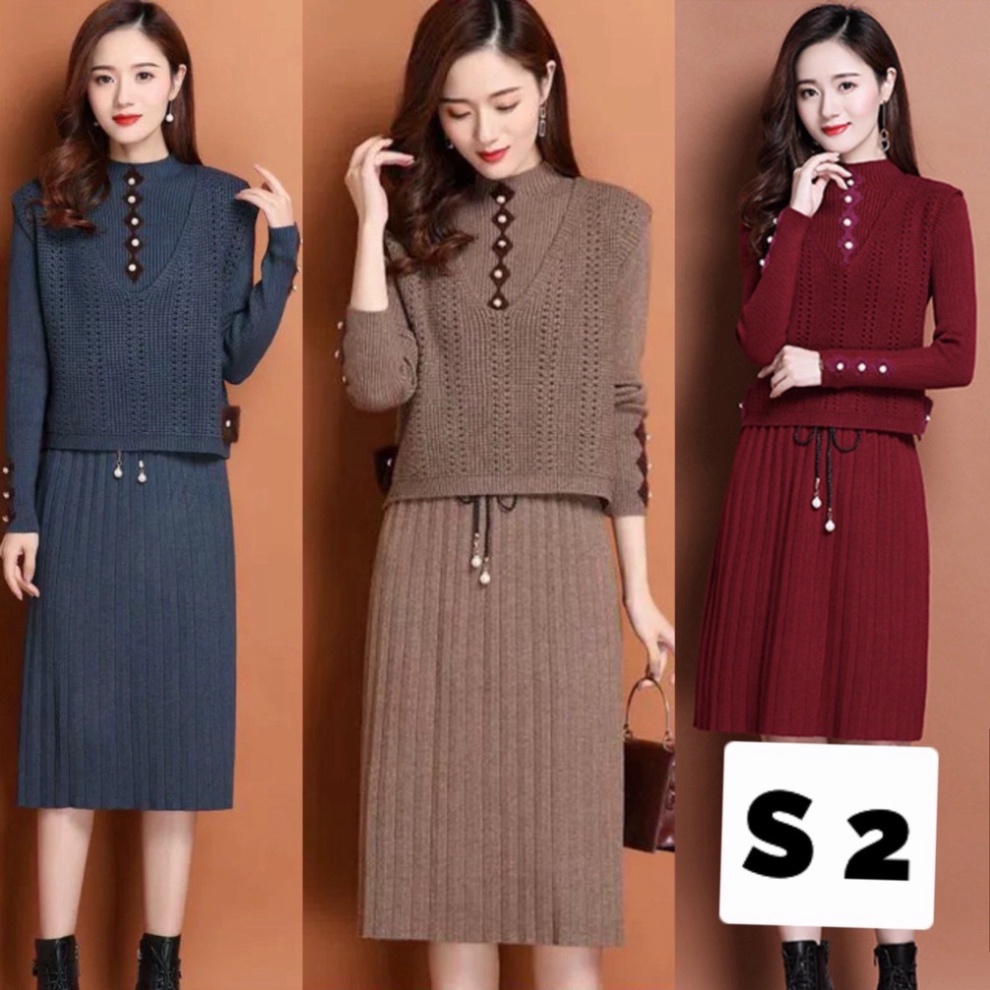 VÁY LEN QUẢNG CHÂU DÁNG DÀI, THẮT EO, CỔ TRÒN, DÀI TAY 0