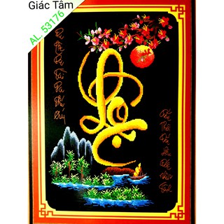 Tranh thêu LỘC - 50x70cm - AL.53176 AL53176 - CÂY HOA TÀI LỘC PHÚ QUÝ LỢI NHÂN TÂM CHỮ - tranh thêu chữ thập đã thêu