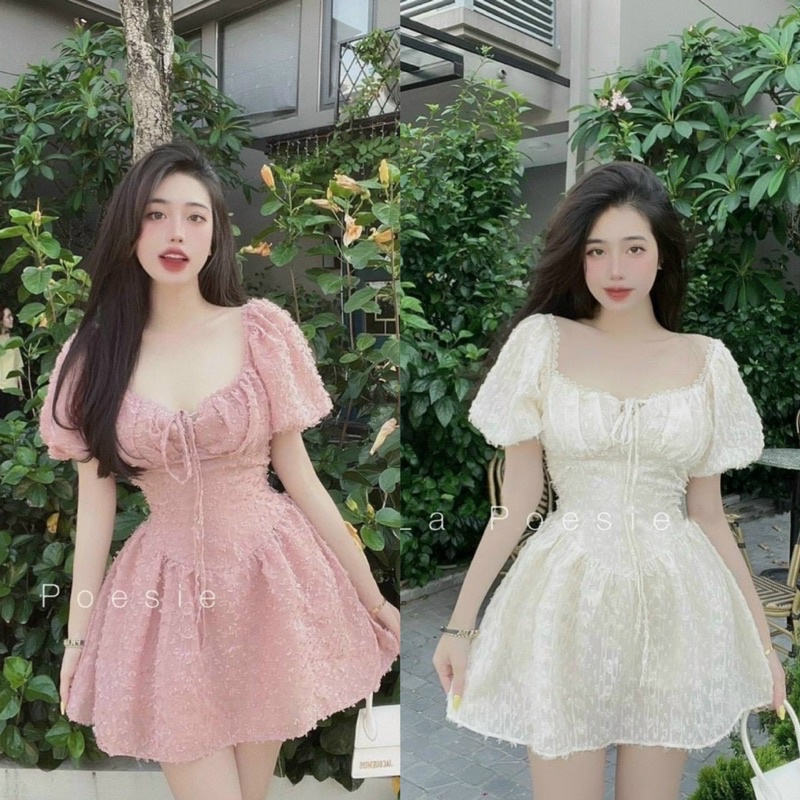 Đầm Xòe Lông Tay Ngắn Phồng Nơ Ngực