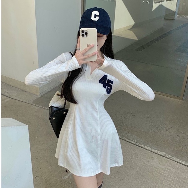 Váy Polo Nữ Thêu Số 45 Chất Thun Tăm Đầm Xoè Cổ Bẻ Sơ Mi Dáng Bassic Sexy Hàn Quốc | BigBuy360 - bigbuy360.vn