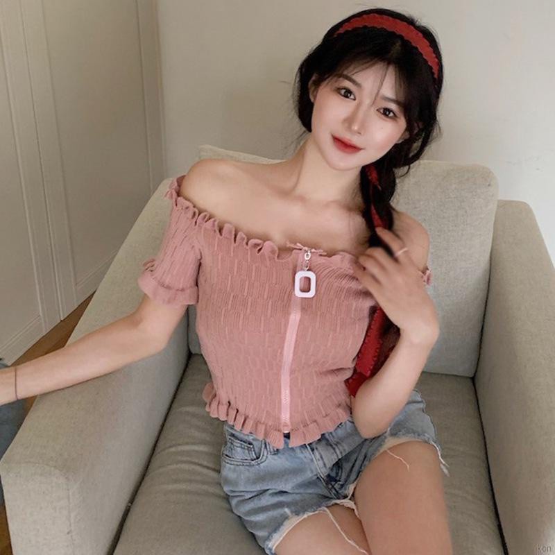 Áo croptop dệt kim tay ngắn thiết kế trễ vai gợi cảm