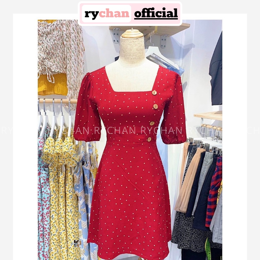 Đầm Xòe Chấm Bi Đỏ Cổ Vuông Đính Nút Gỗ Trẻ Trung [Ảnh Thật Cuối] - DX0059
