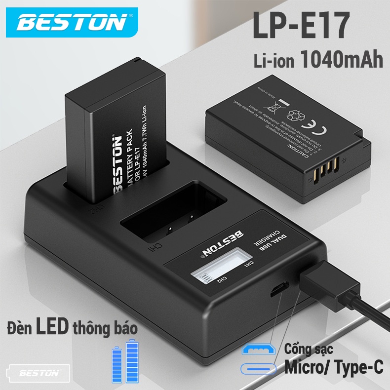 Bộ 2 Pin Canon LP-E17 + Sạc Đôi LP-E17 Beston Cho Canon 77D 750D 760D 800D 8000D 200D M3 M5 M6, EOS RP