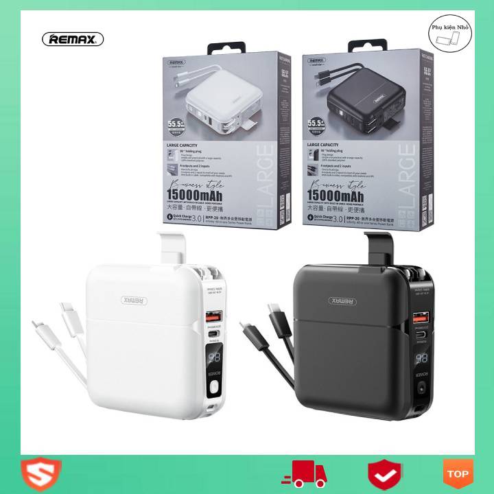 Pin sạc dự phòng 15000mah tích hợp dây sạc tặng kèm lightning - typeC sạc nhanh Remax RPP-20