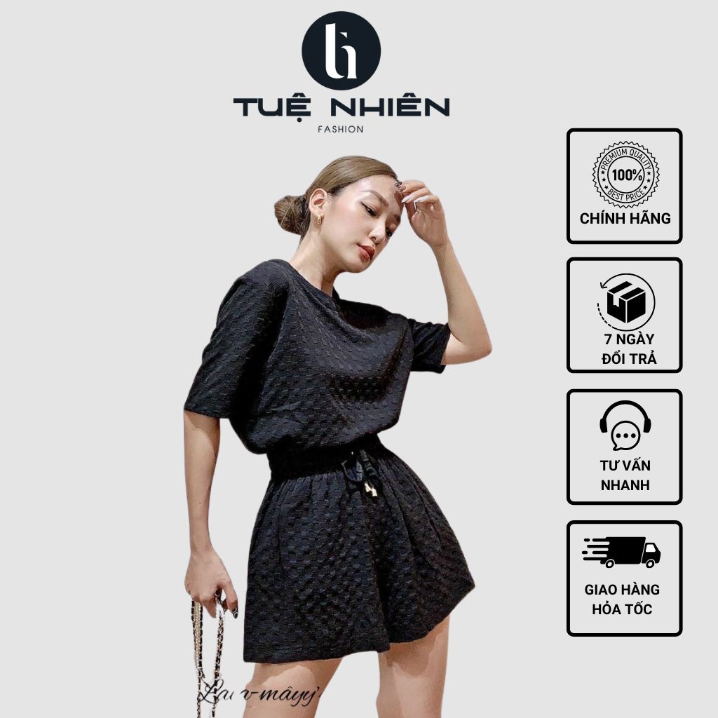 Set đồ nữ, áo cổ tròn tay lửng, quần short ống rộng chất vải xốp dày dặn - Tuệ Nhiên