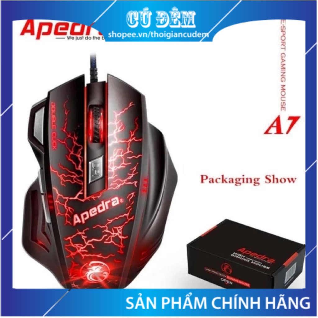 Chuột chơi game APEDRA A7 - LED 7 màu, dây dù dài 1.7m, gồm 7 nút, DPI lên đến 3200, độ bên 10 triệu click, BH 12 tháng