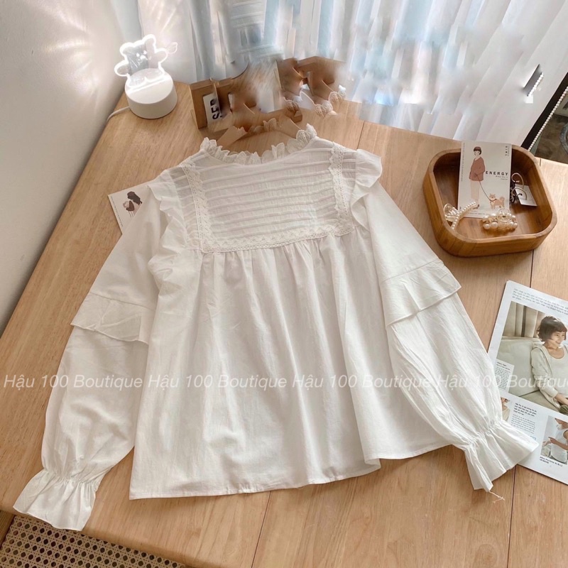 Áo babydoll xếp ly cánh tiên cổ tròn ren nổi bánh bèo phong cách Korea by