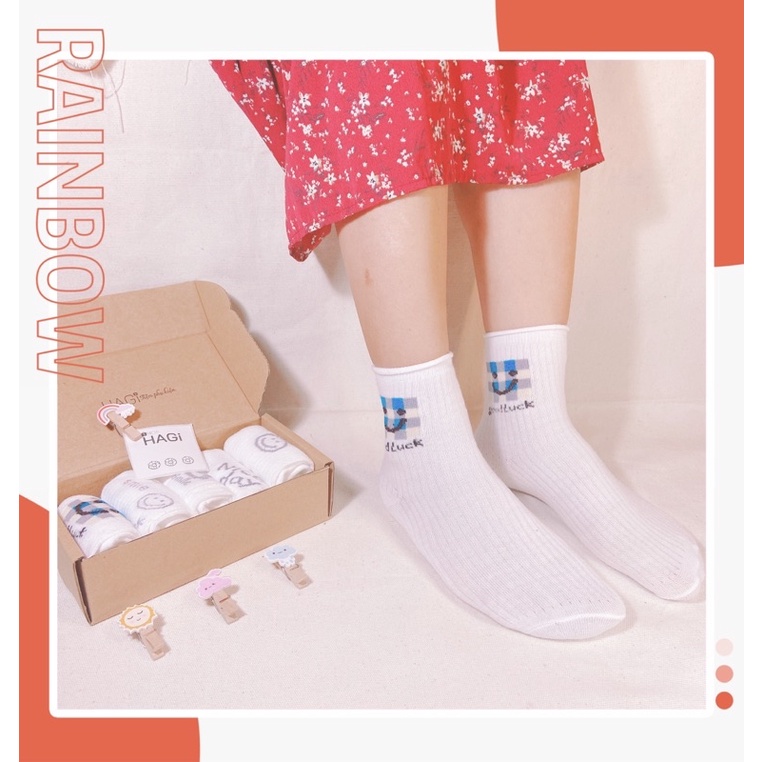 Set 5 Đôi Tất nữ Vintage Trắng Phối Ren Hoạ Tiết Smile Nice day Good luck Phong cách Hàn quốc Học sinh Sinh Viên