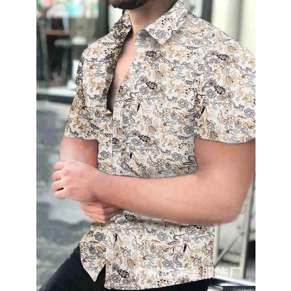 Áo sơ mi lụa mềm họa tiết hoa văn màu vàng kem cho nam nữ đi biển đi chơi áo nhóm co giãn thấm hút cực mát