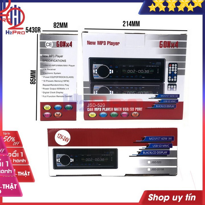 Đầu Nghe Nhạc Ô Tô, Đầu Mp3 Xe Tải Cao Cấp H2Pro Jsd-520 Bluetooth-Đài Fm, Điện 12V-24V Cho Ô Tô-Xe Tải - H2Pro Audio