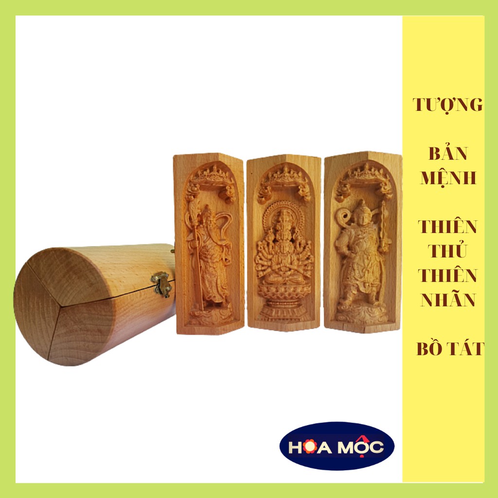 Tượng Phật Bản Thiên thủ Thiên nhãn Bồ Tát, hai vị Già Lam hộ pháp Vi Đà Tôn Thiên – Quan Vũ  13x7cm