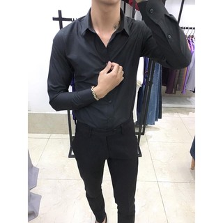 Áo sơ mi nam trơn cotton lụa dáng ôm, vải không nhăn