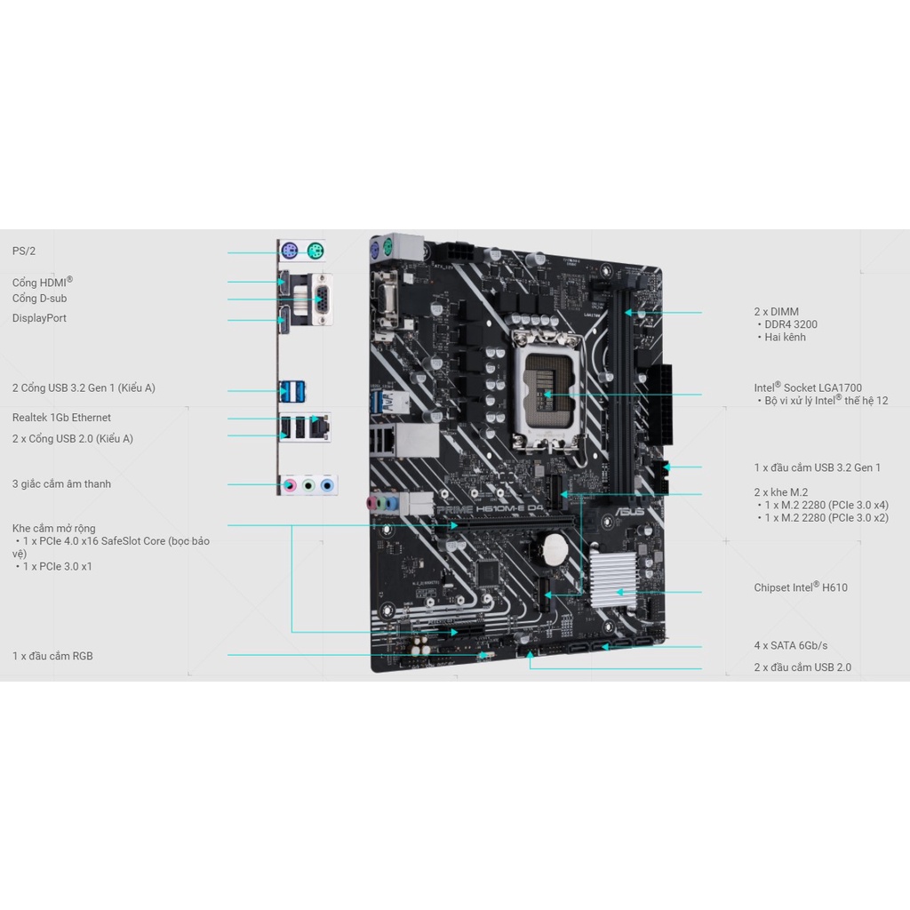 Bo mạch chủ Mainboard máy tính gaming Asus Prime H610M-K D4 - Hàng chính hãng bảo hành 36 tháng