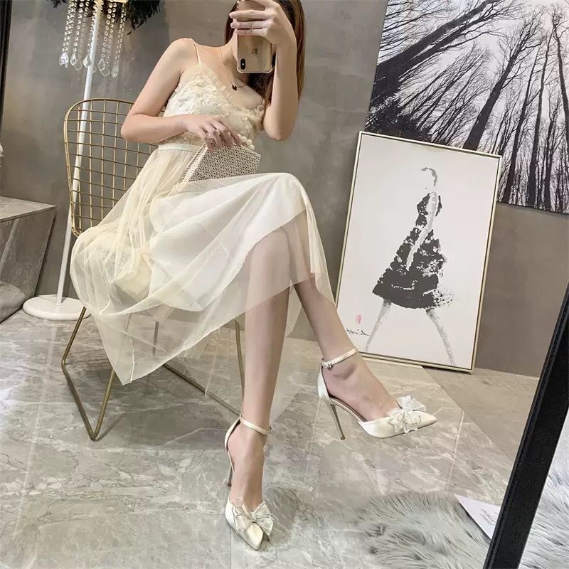 2022 giày cao gót trắng cô dâu giày cao gót trắng 7p guốc cao gót quai mảnh cao gót 9p quai mảnh Giày Cao Gót Đính Đá Pha Lê Hình Bướm Phong Cách Mới