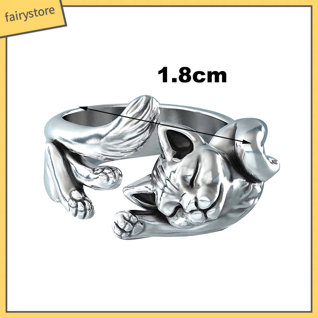 Nhẫn Hở Mạ Bạc Hình Mèo Ngủ Phong Cách Vintage