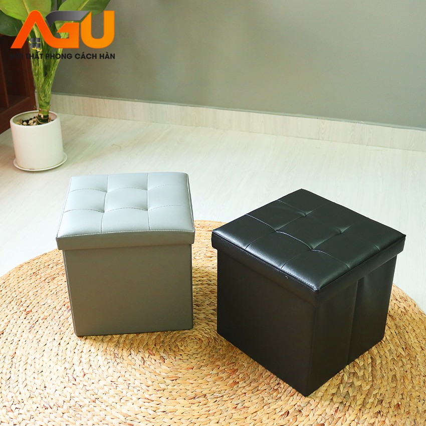 GHẾ ĐỰNG ĐỒ DA PU AGU (SOFA HỘP) ĐA NĂNG - SIZE L VUÔNG - MÀU XÁM - THÔNG MINH TIỆN LỢI - NỘI THẤT KIỂU HÀN