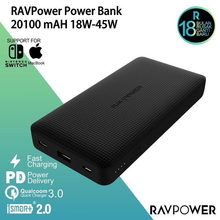 Sạc dự phòng Macbook Air, iPad Pro, iPhone RAVPOWER RP-PB095 20100mAh - PD 45W & QC 3.0 18W