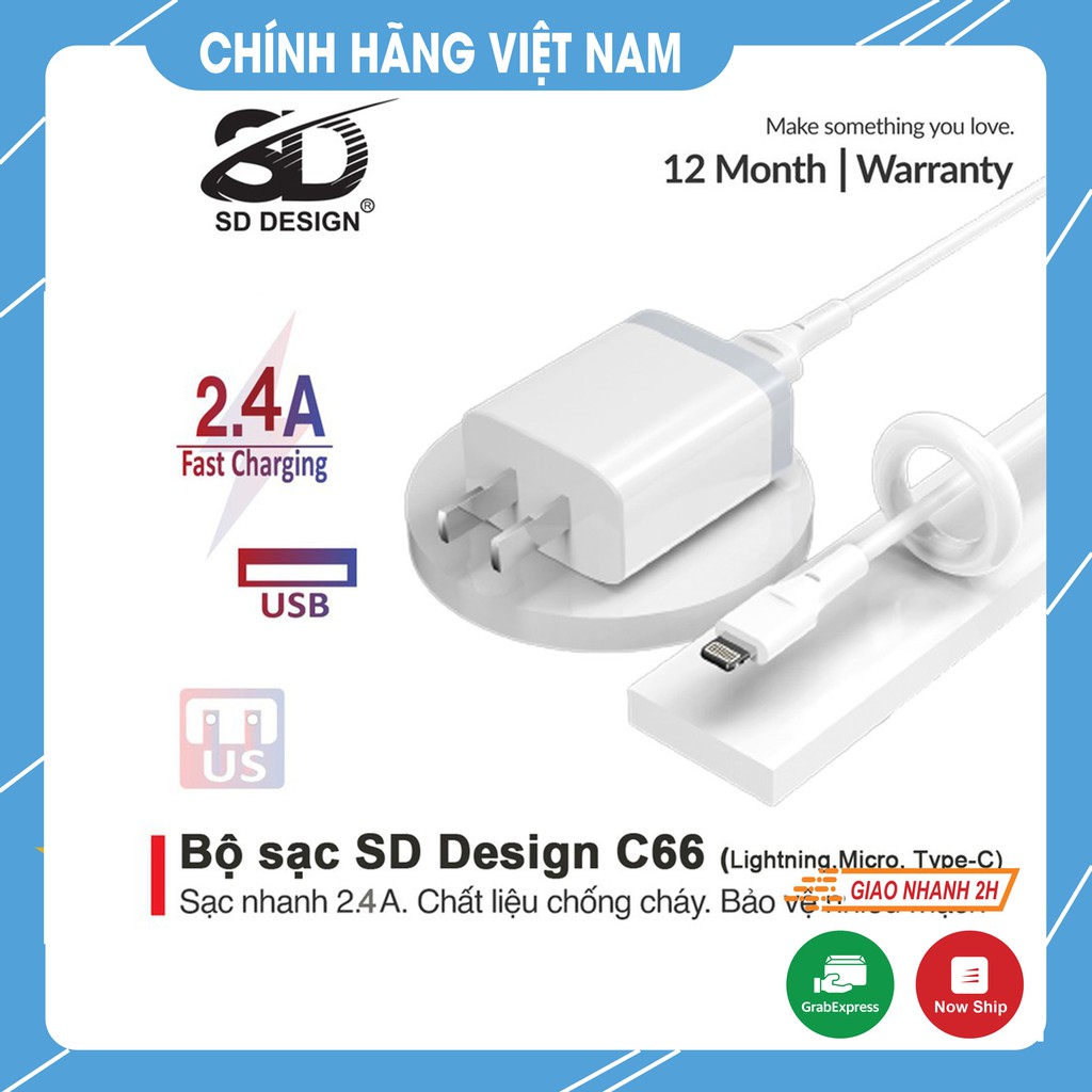 Bộ Củ + cáp sạc SD DESIGN C66 chính hãng sạc nhanh an toàn cho điện thoại Android,Iphone