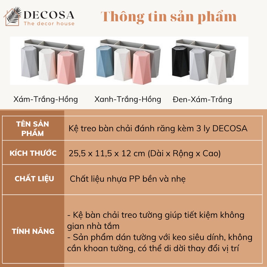 Kệ treo bàn chải đánh răng dán tường kèm 3 ly DECOSA