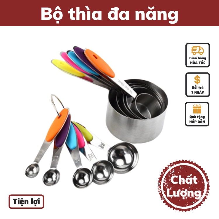 Bộ muỗng đong 10 món inox không gỉ cán silicon thìa đong cup nhà bếp phong cách hiên đại nhiều màu sắc dụng cụ làm bánh