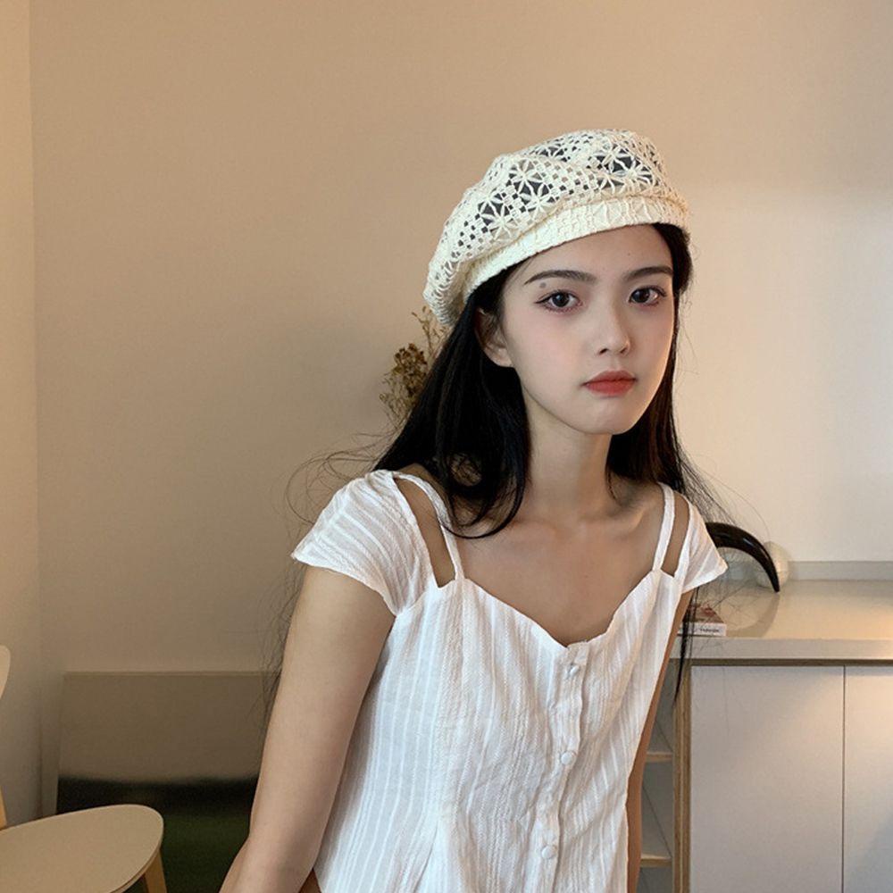 Mũ Beret Vải Cotton Polyester Mỏng Phối Ren Phong Cách Cổ Điển Thời Trang Mùa Hè Cho Nữ