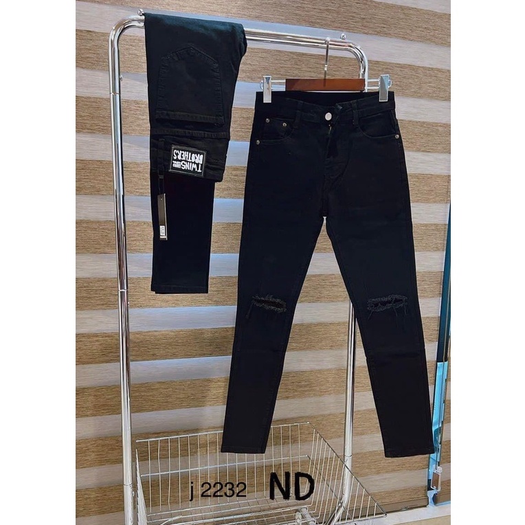 Quần jean nam rách gối màu đen chất bò cao cấp co dãn 4 chiều cực đẹp jean trơn from dáng skinny đẹp CAROLLSOTR T180