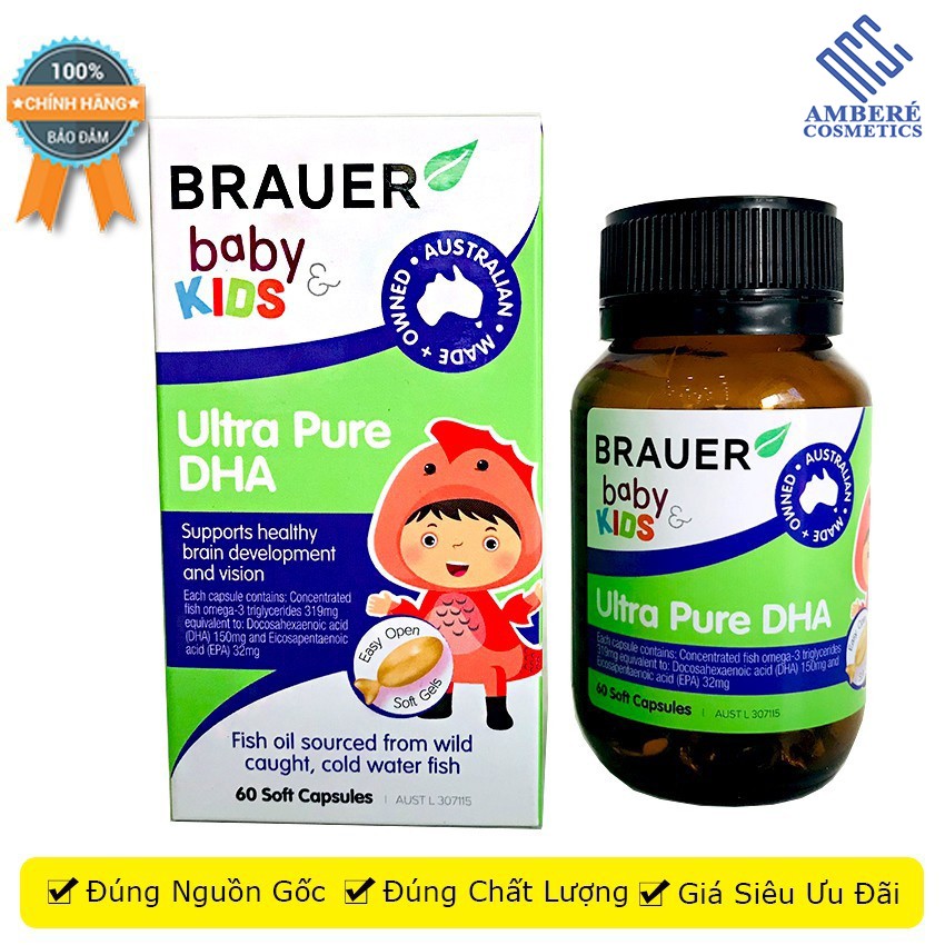 Viên uống dha cho bé Brauer Ultra Pure DHA tinh khiết cho trẻ từ 7 tháng trở lên hộp 60 viên