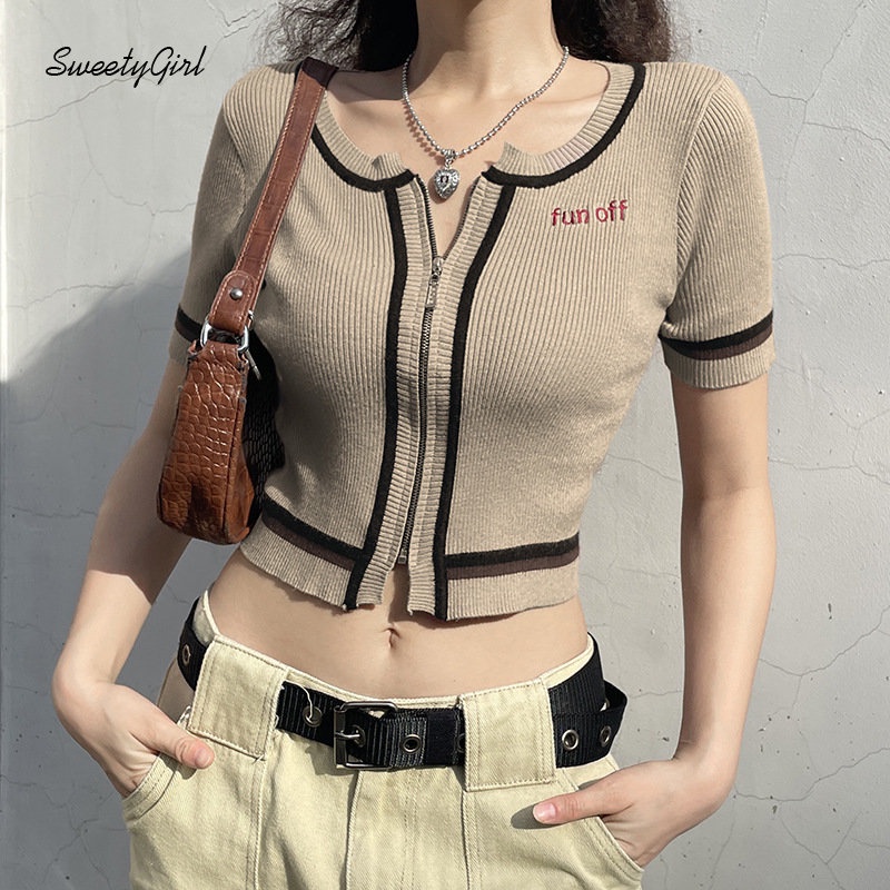 Áo Thun Dệt Kim Tay Ngắn Cổ Chữ U Thêu Chữ Phối Màu Tương Phản Thời Trang 2022 Cho Nữ