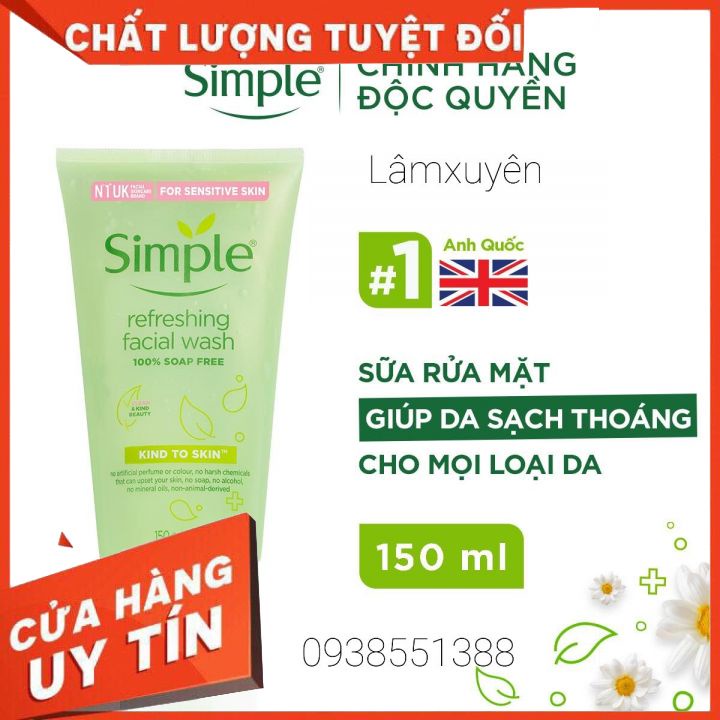 Sữa Rửa Mặt Dịu Nhẹ, Dành Cho Da Nhạy Cảm Simple Kind To Skin Refreshing Facial Wash 150ml  làm sạch bụi bẩn