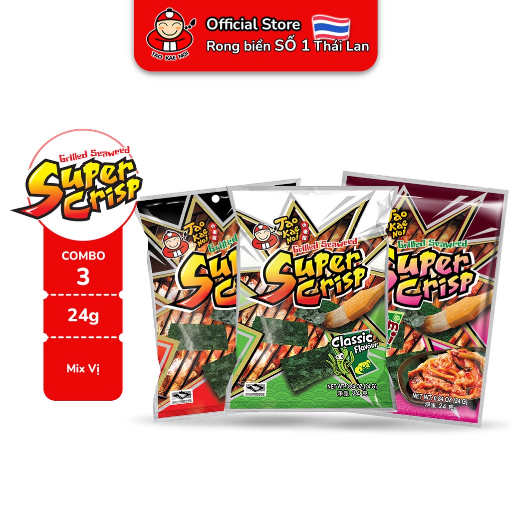 [COMBO TIẾT KIỆM] Snack Rong biển TaoKaeNoi Super Crisp 24g (3 gói) (Truyền Thống, Mực, Kim Chi)