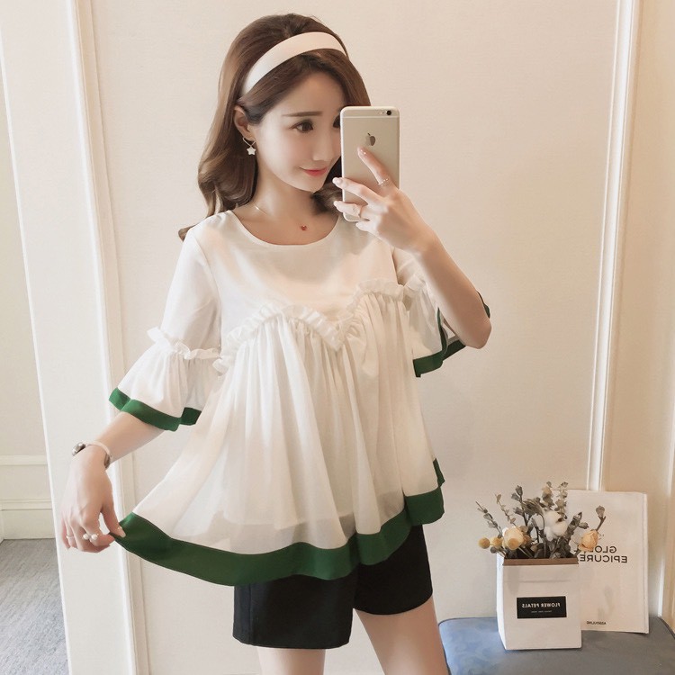 Áo bầu babydoll tiểu thư trắng phối viền đen (K KÈM QUẦN ) A089