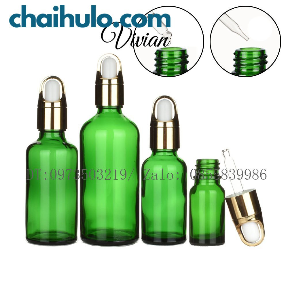 50ml - Chai lọ đựng serum, tinh dầu, mỹ phẩm, thân thủy tinh xanh lá, nắp bóp khoét