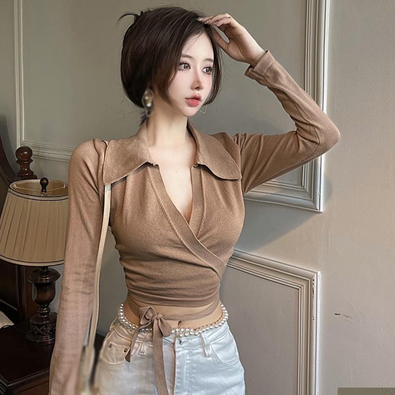 Áo croptop dệt kim dài tay cổ bẻ khoét sâu có dây cột nơ ở eo ôm dáng thời trang quyến rũ
