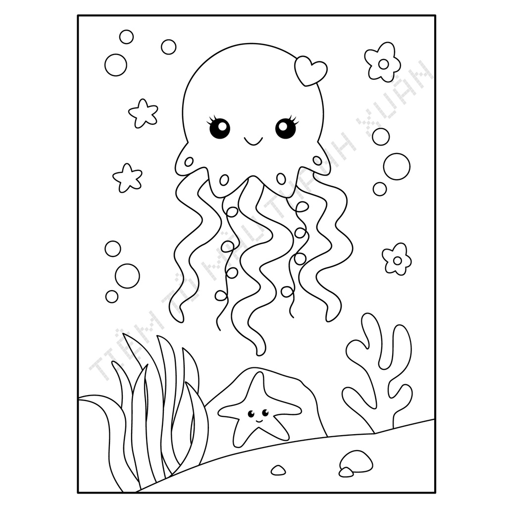 Set 20 Tờ Tranh Tô Màu Hình Sứa Jellyfish Cute Tô Màu Sáp, Màu Chì - Tiệm Tô Màu Thanh Xuân