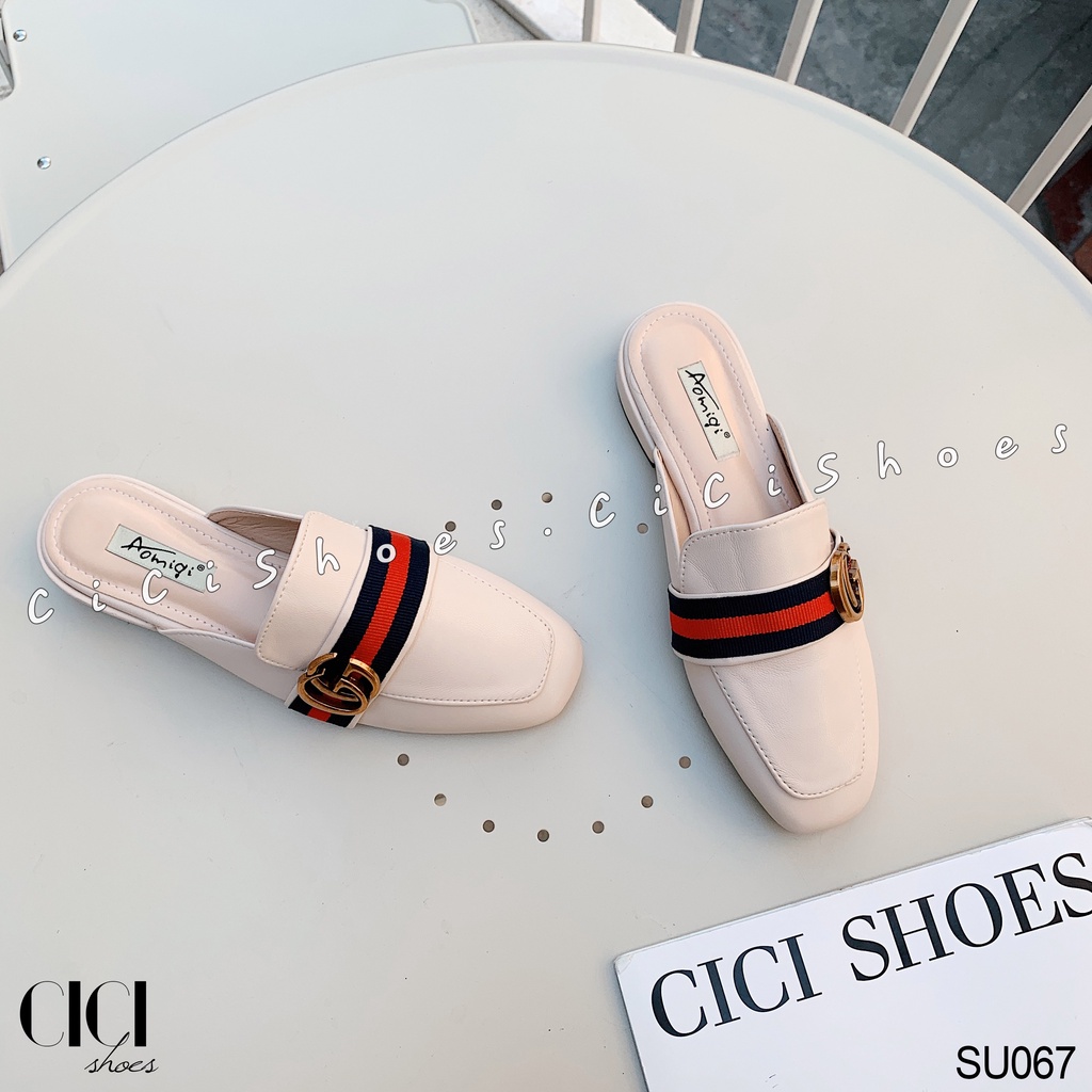 Giày cao gót nữ CiCi Shoes gót da 1cm, dép sục da khoá đồng đai xanh đỏ - SU067