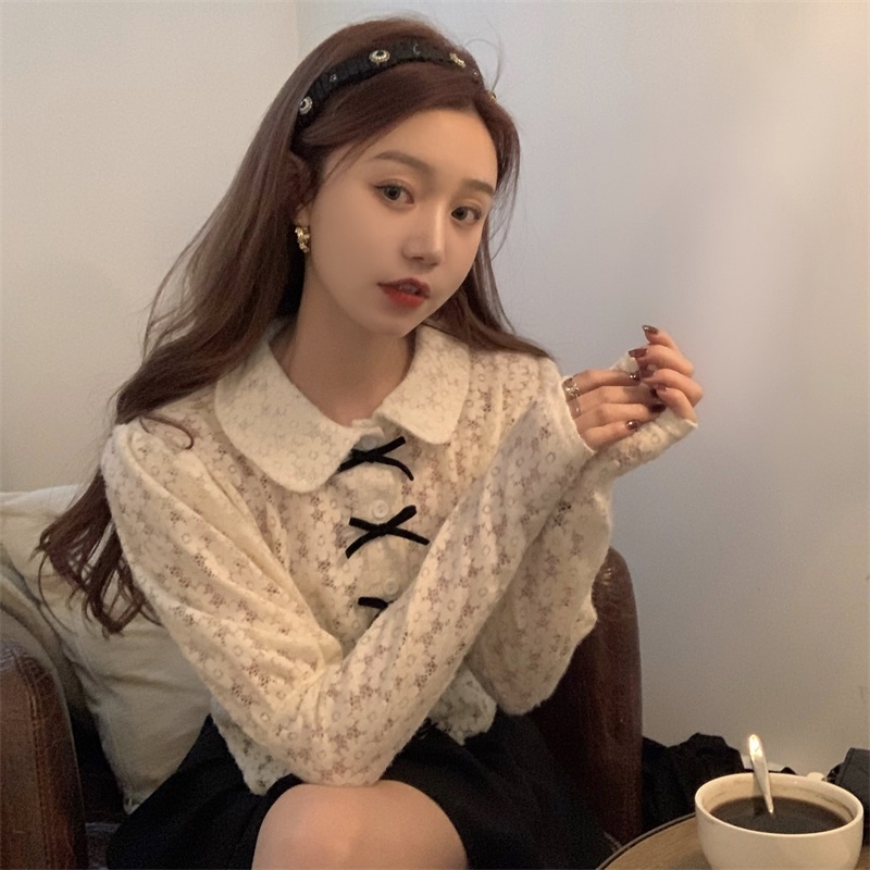 Jane Áo len hoa tay dài phối nơ Vintage cổ điển Pháp