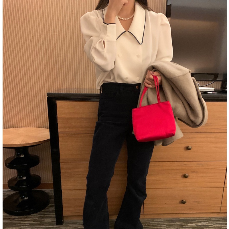 SUXI Áo sơ mi nữ tay dài phồng cổ chữ V phong cách vintage Hàn Quốc thanh lịch