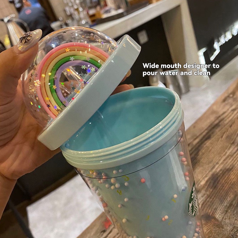 Cầu Vồng Starbucks cốc chén đầy màu sắc Starbuck cốc dễ thương chai nước bằng nhựa cup với nắp double-layer uống cup với rơm cà Phê Cốc Ánh Sáng Sao cup 450ml FLOWERDANCE