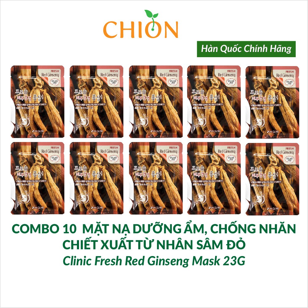 Bộ 10 gói mặt nạ dưỡng da và chống nhăn 3W Clinic Fresh Red Ginseng Mask Sheet 23ml X 10 - Hàn Quốc Chính Hãng